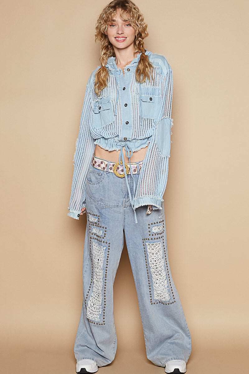 Open Weave Button Up Hoodie
