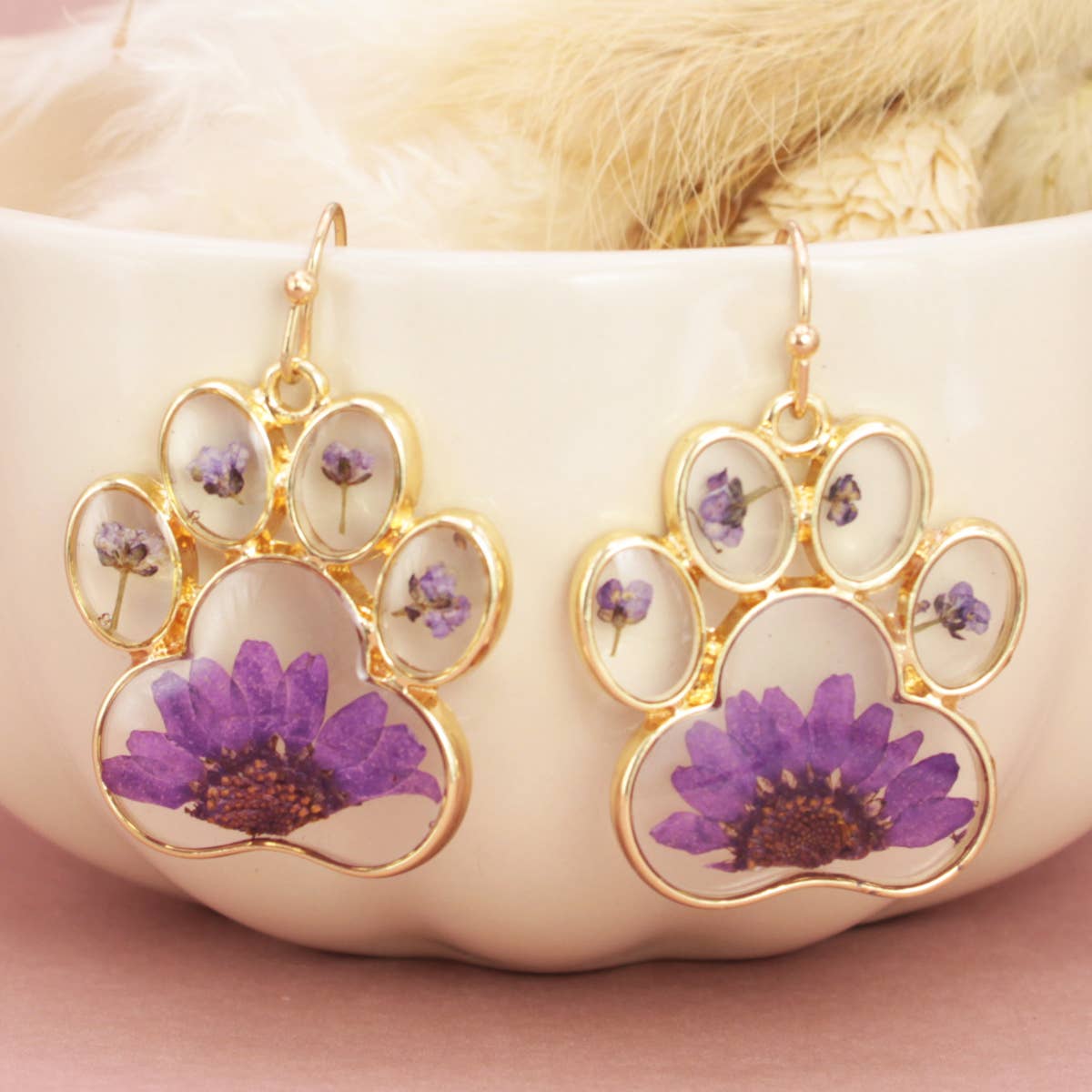 Purple Paw Dried Flower Earrings