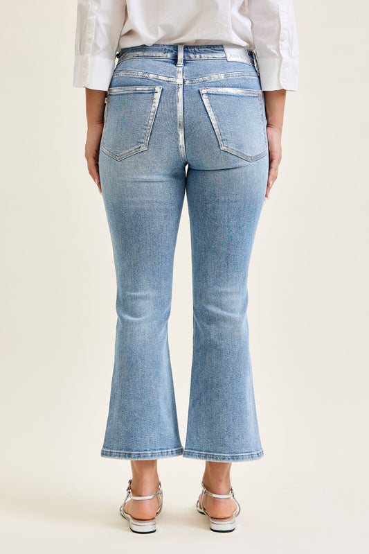 Judy Blue Mid Rise Silver Foil Kick Flare Denim