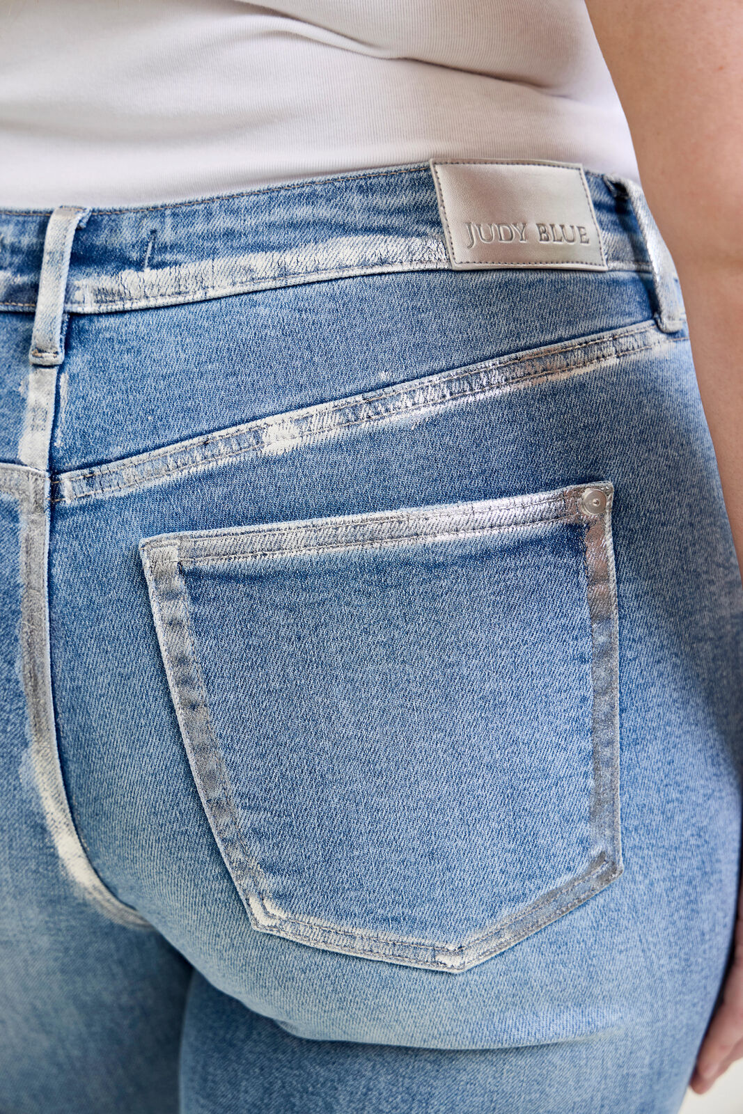 Judy Blue Mid Rise Silver Foil Kick Flare Denim