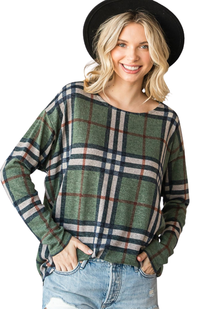 Oversized Plaid Boat Neck Top