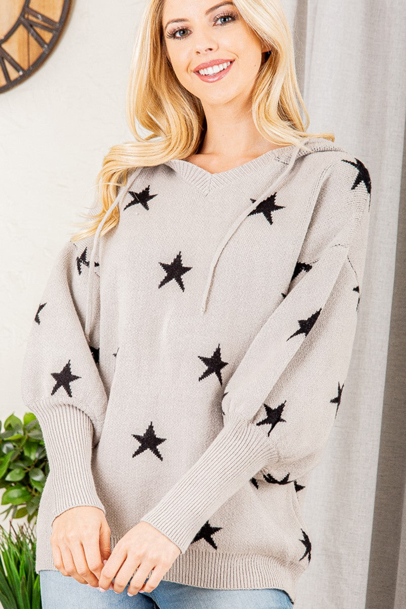 Star Print Hooded V-Neck Sweater