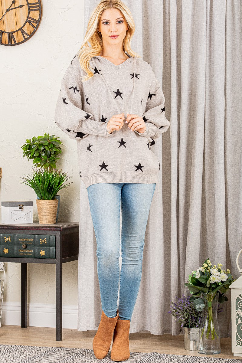 Star Print Hooded V-Neck Sweater