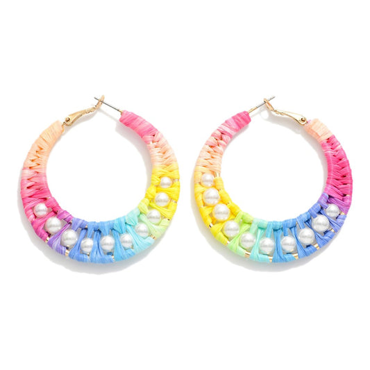 Rainbow Raffia & Pearl Earrings
