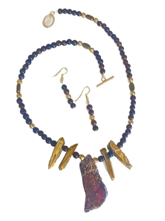 Hand Made Necklace Set- Purple & Gold Nugget