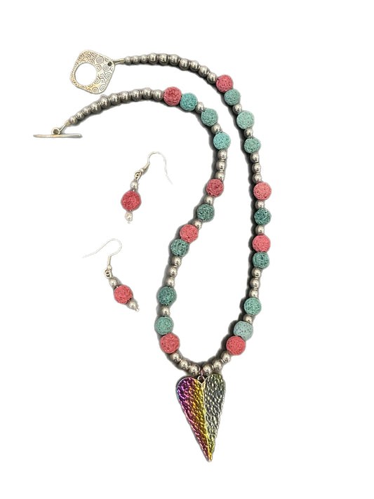 Hand Made Necklace Set- Metal Rainbow Heart & Aroma Beads