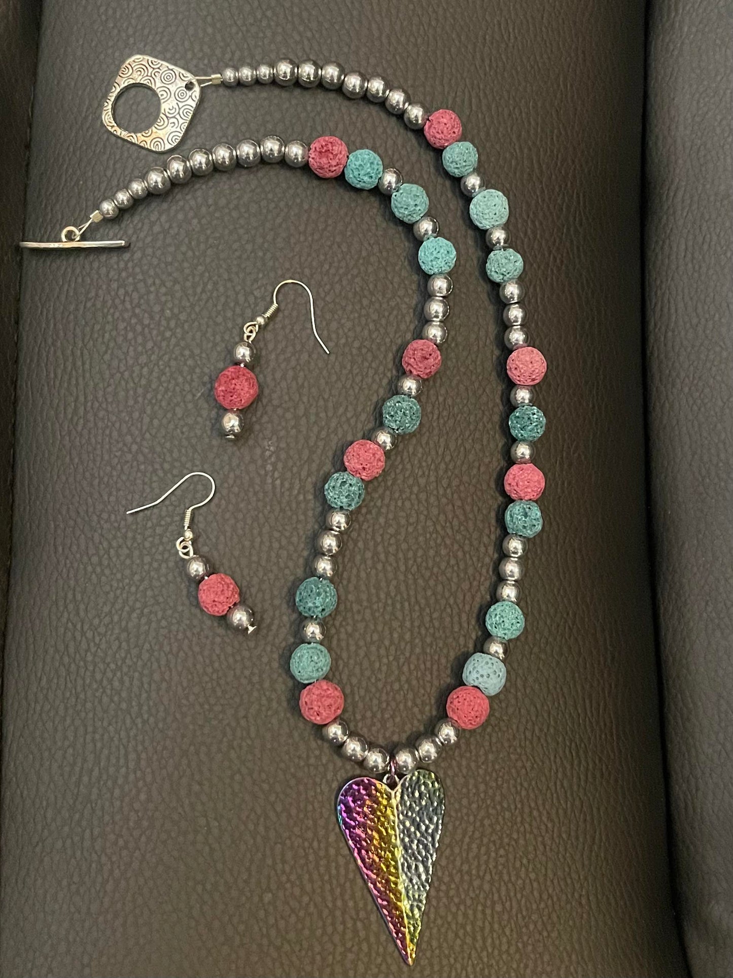 Hand Made Necklace Set- Metal Rainbow Heart & Aroma Beads