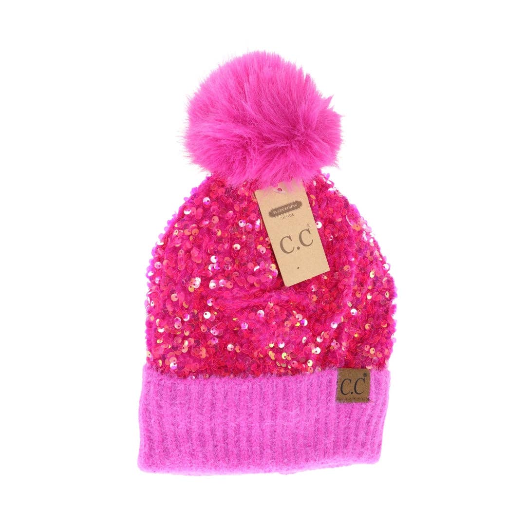 Cluster Sequin Faux Fur Pom Beanie