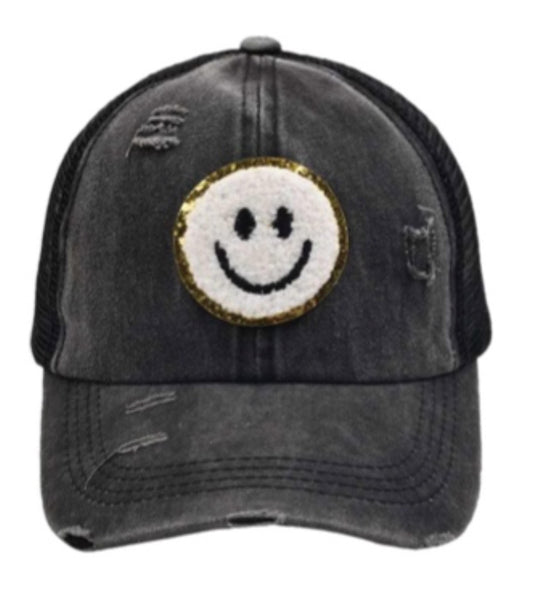 Smiley Patch Criss Cross Back Baseball Hat