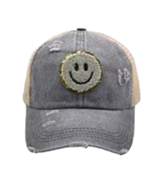 Smiley Patch Grey Ponytail Baseball Hat