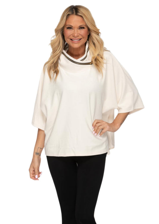 Zippered Detail Cowl Neck Pullover in Cream