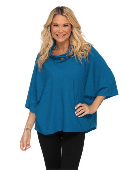 Zippered Detail Cowl Neck Pullover in Bright Blue