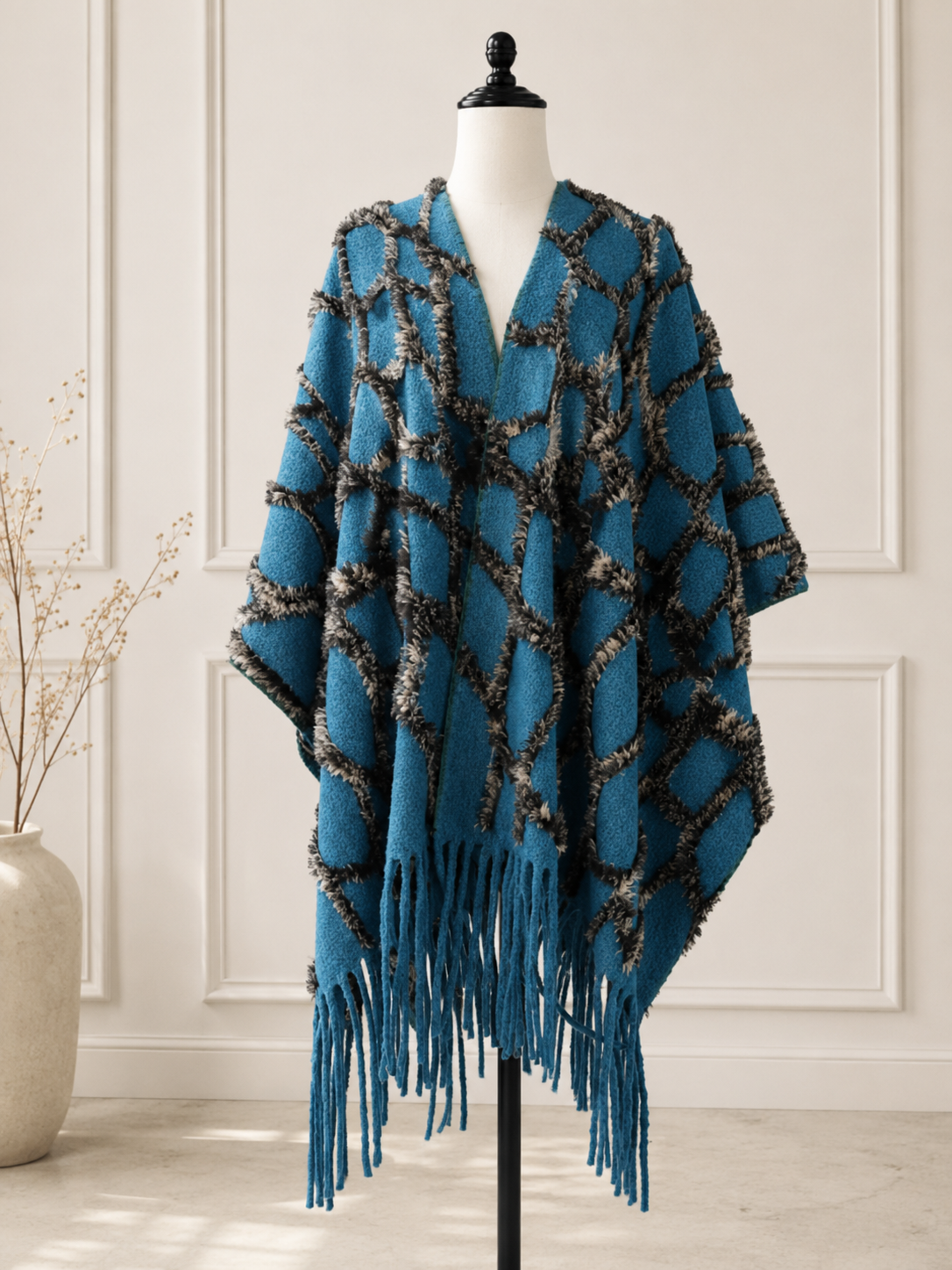 Textured Diamond Fringe Ruana Cardigan