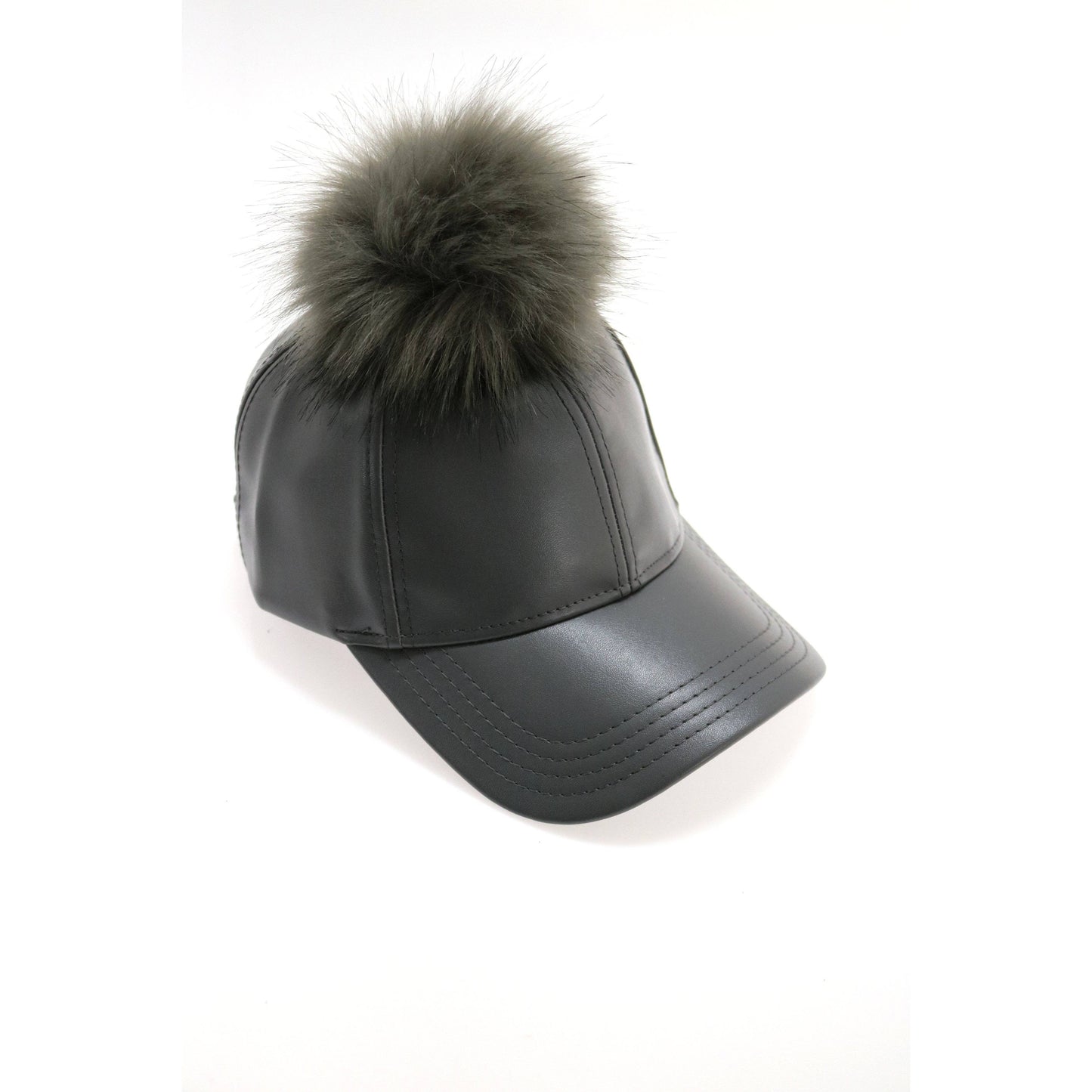 Faux Leather Fur Pom Baseball Hat