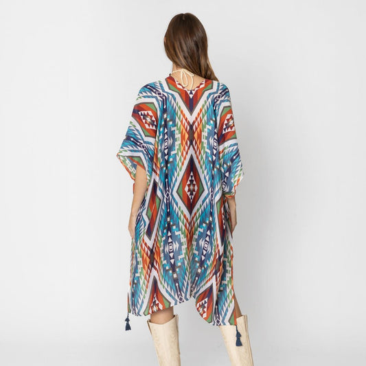 Brown & Turquoise Aztech Print Kimono with Tassels