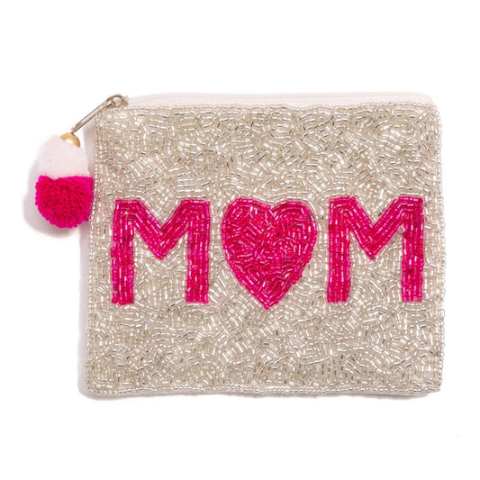 Beaded Pouch Pink & White Mom with Heart