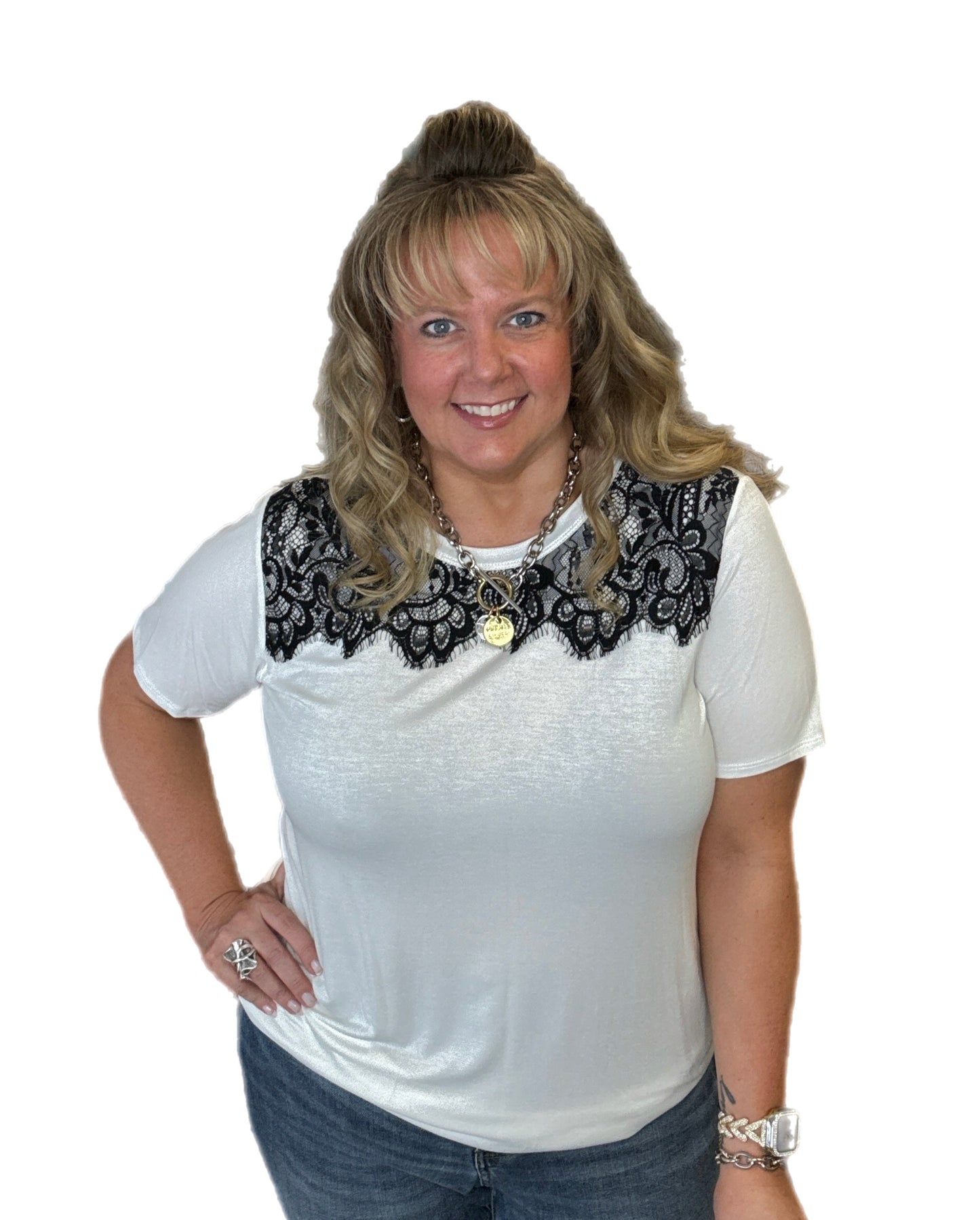 Lace Front Short Sleeve Top
