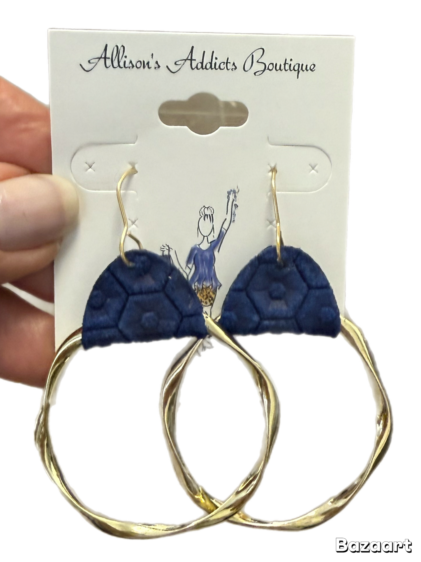 Blue Embossed Leather Hoop Earrings