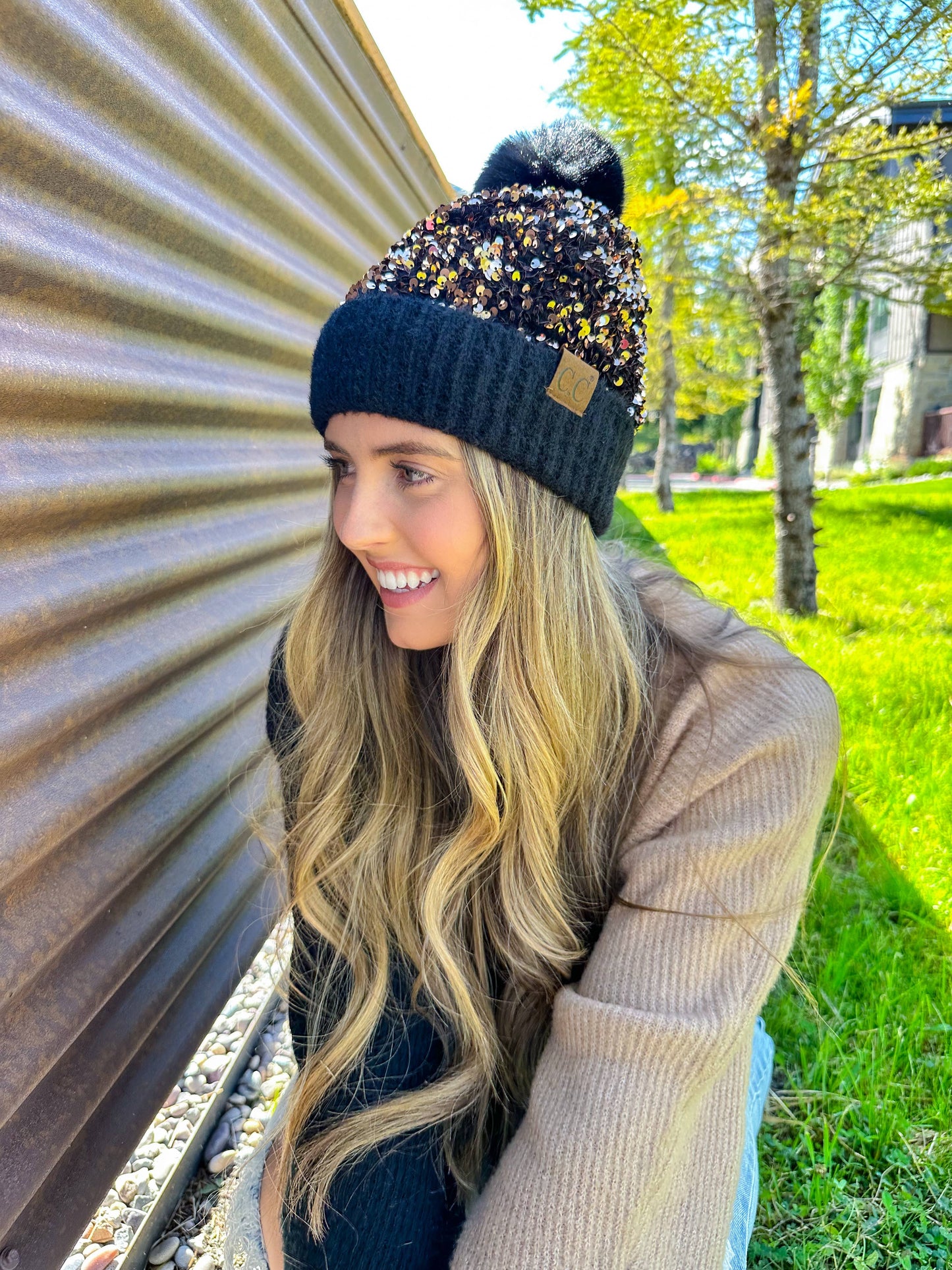 Cluster Sequin Faux Fur Pom Beanie
