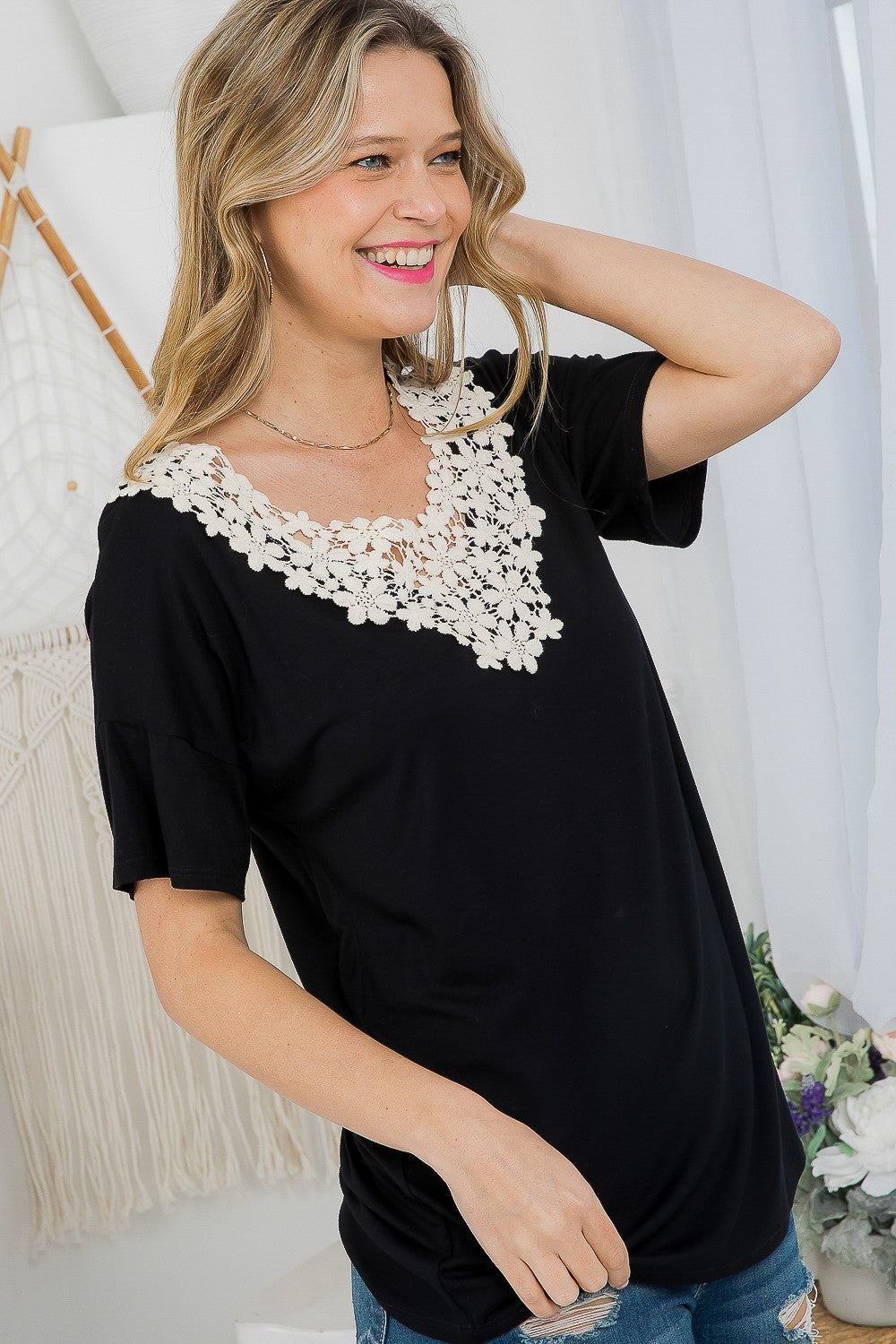 Crochet Detail V-Neck Top
