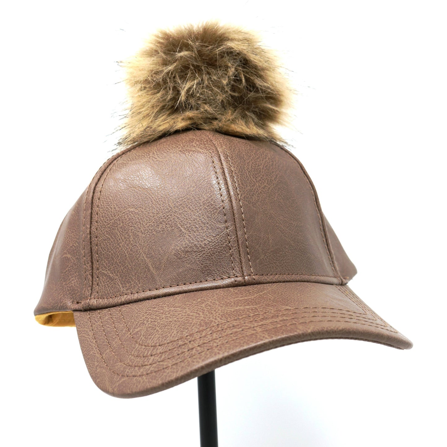 Faux Leather Fur Pom Baseball Hat