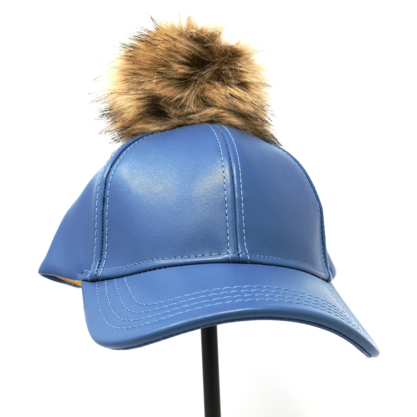Faux Leather Fur Pom Baseball Hat