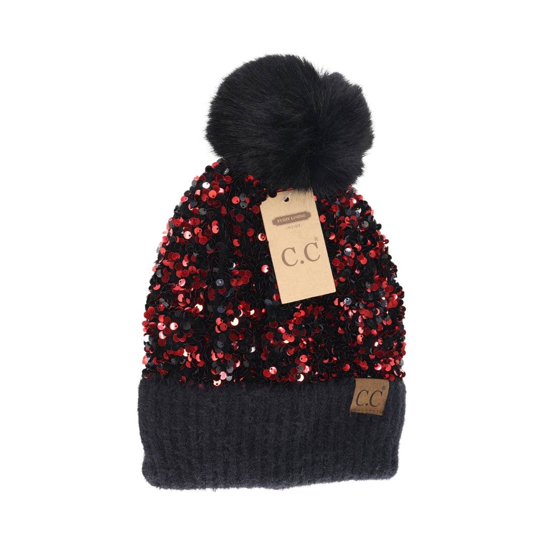 Cluster Sequin Faux Fur Pom Beanie