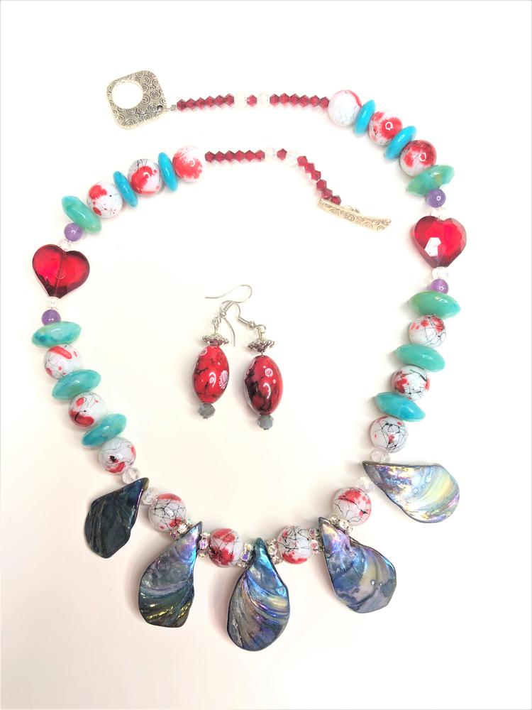 Hand Made Necklace Set- Red Heart & Shells