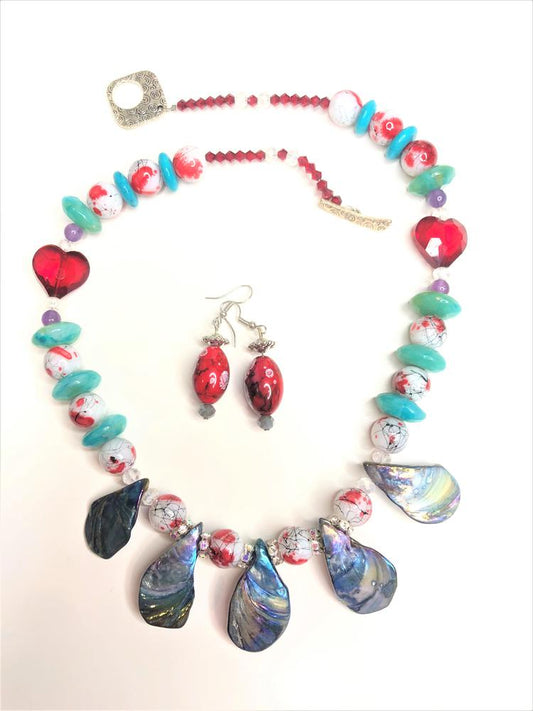 Hand Made Necklace Set- Red Heart & Shells