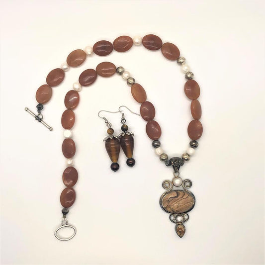 Hand Made Necklace Set- Jasper & Pearl Pendant
