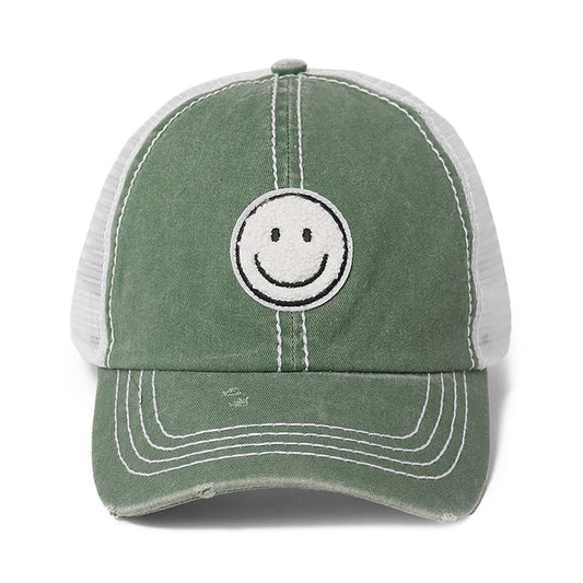 Chenille Smiley Baseball Hat in Green