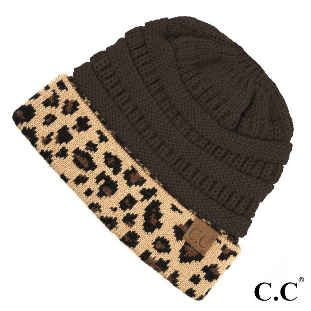 Beanie with Leopard Trim