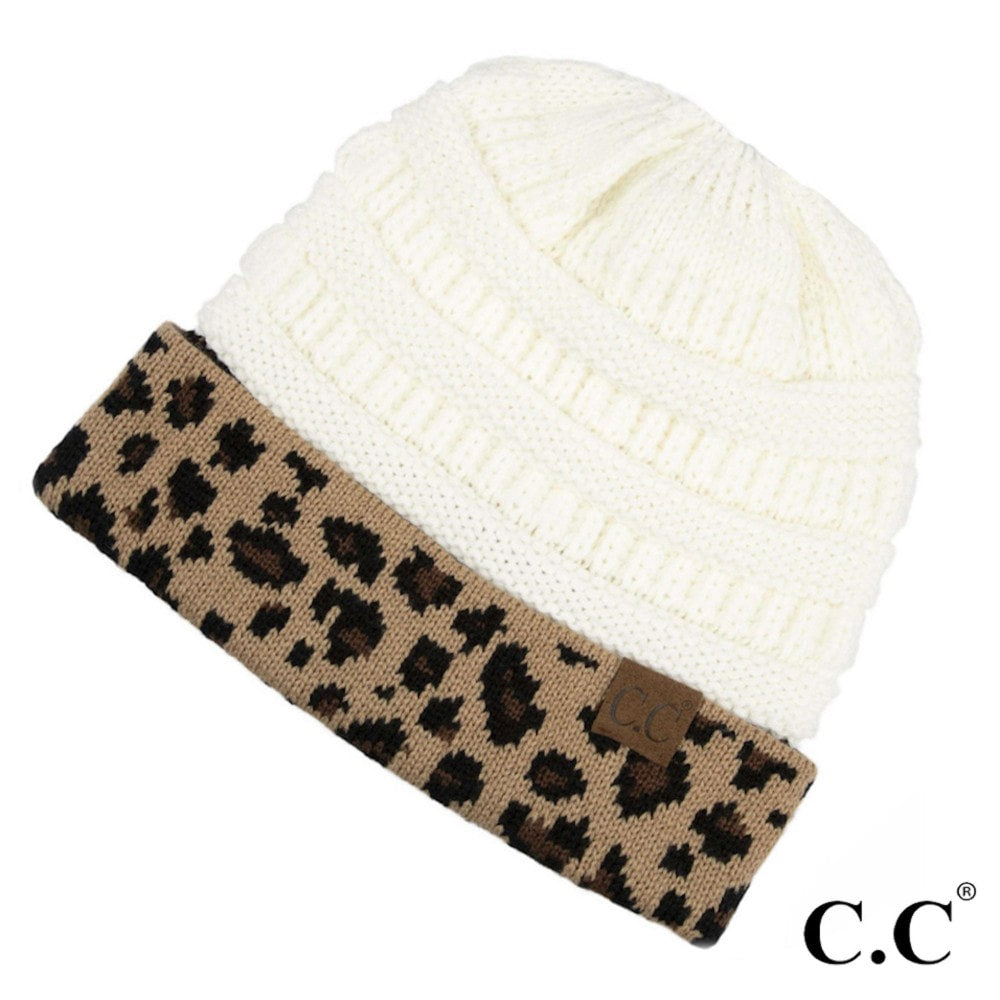 Beanie with Leopard Trim