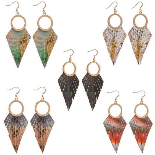 Circle Drop Leather Feather Earring