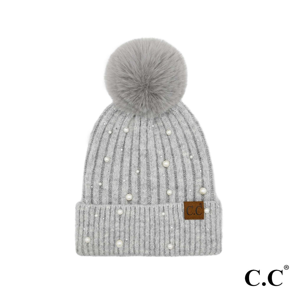 Pearl Embellished Pom Beanie
