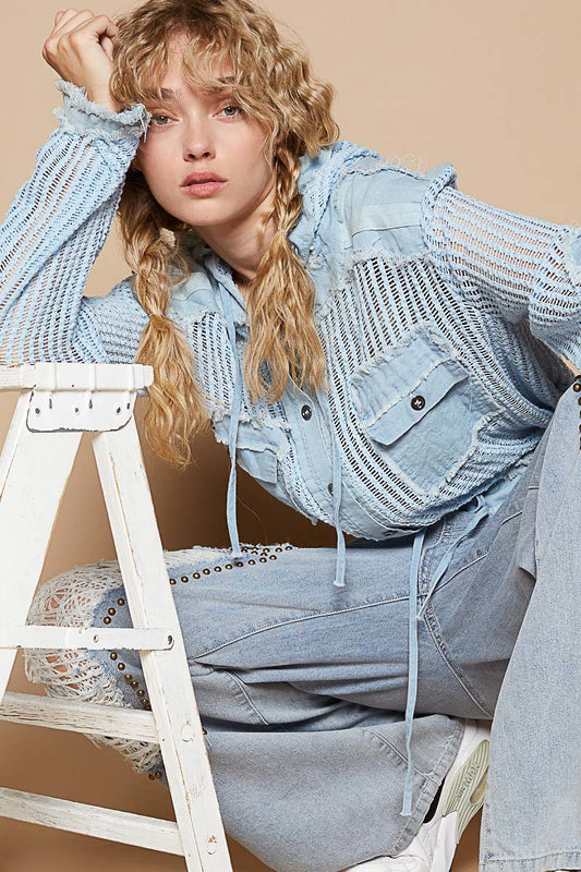 Open Weave Button Up Hoodie