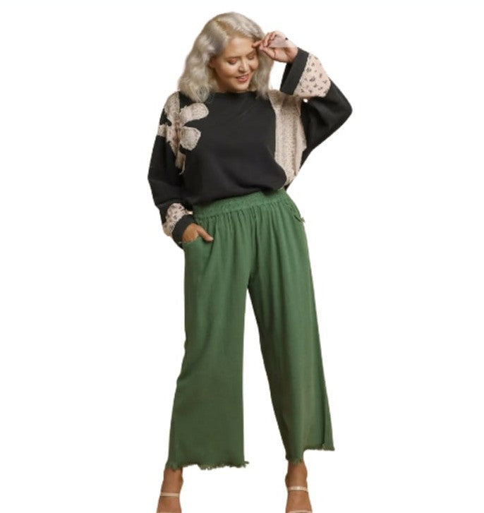 Wide Leg Fringe Ankle Pant in Palm Green
