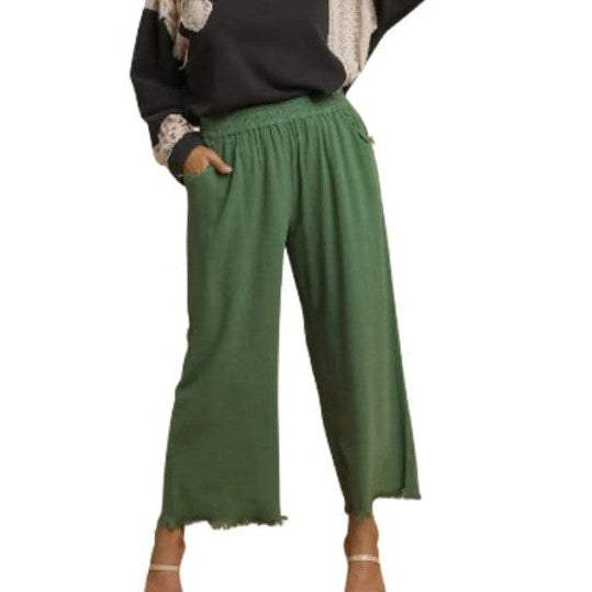 Wide Leg Fringe Ankle Pant in Palm Green