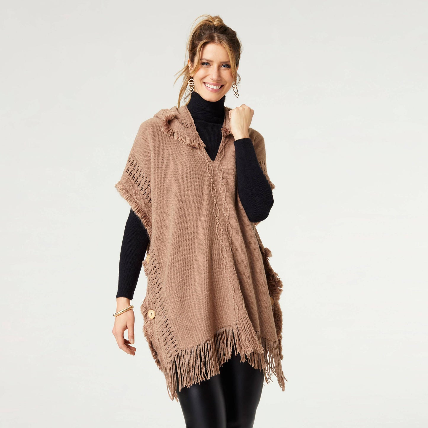 Hooded Poncho with Frayed Fringe