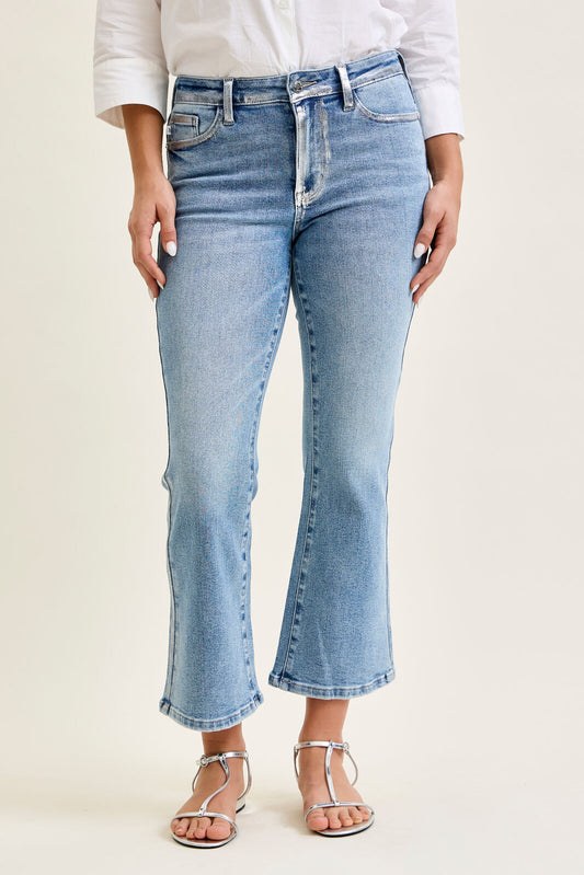Judy Blue Mid Rise Silver Foil Kick Flare Denim
