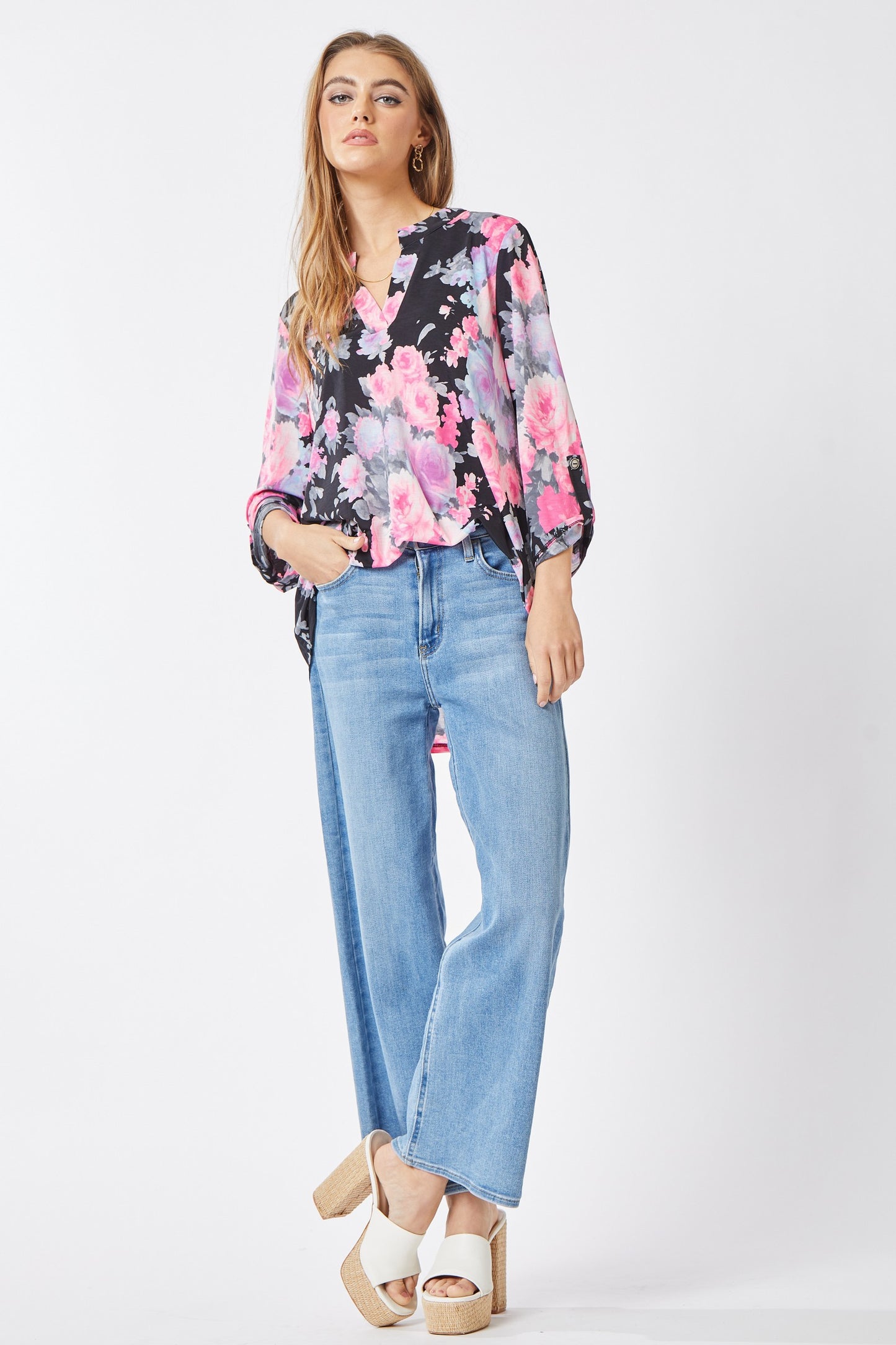 Bold Black Floral Print No Wrinkle Top