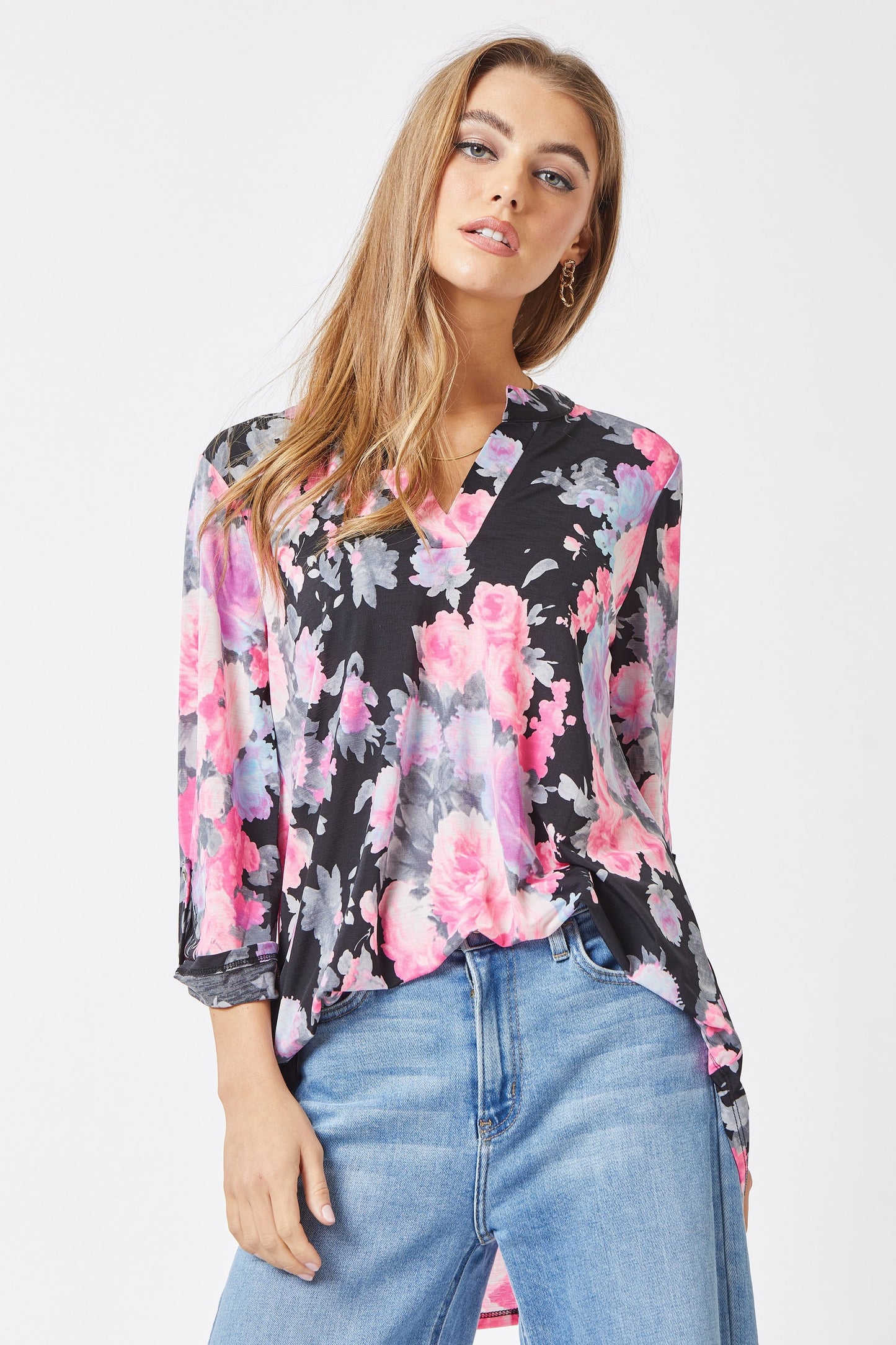 Bold Black Floral Print No Wrinkle Top