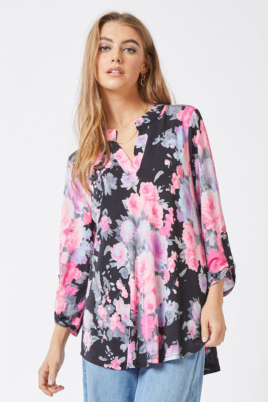 Bold Black Floral Print No Wrinkle Top