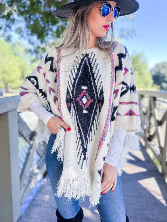 Aztec Eyelash Knit Poncho