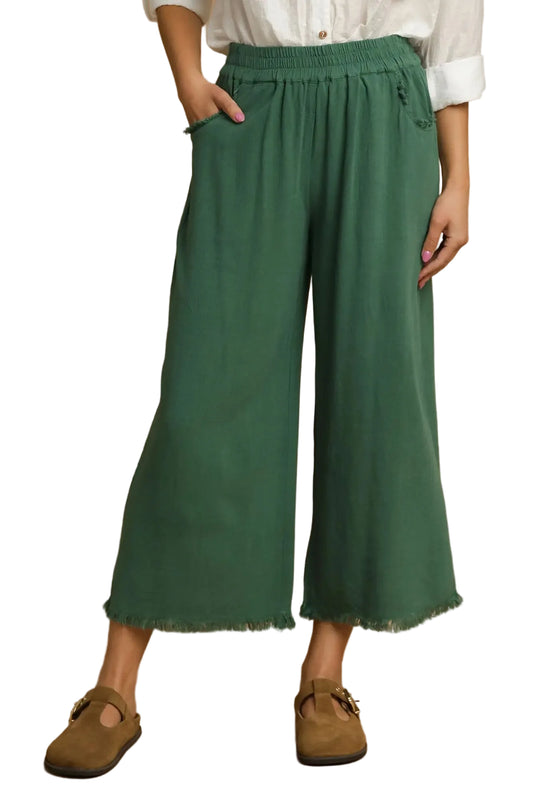 Wide Leg Fringe Ankle Pant in Palm Green