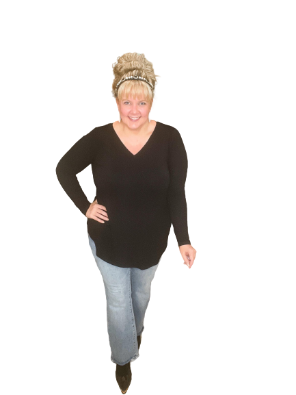 Long Sleeve V-Neck Round Hem Top