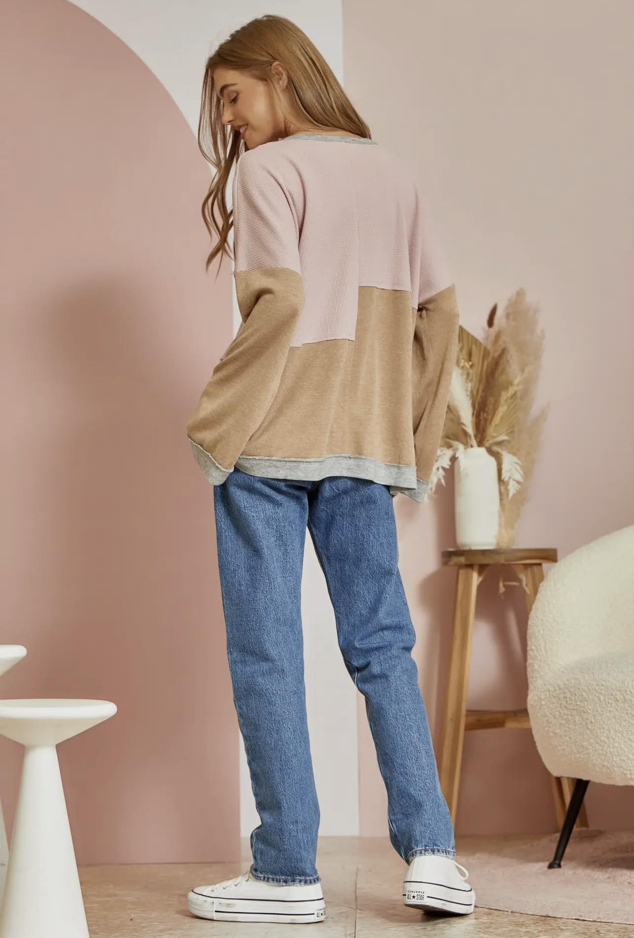Mixed Media Knit V-Neck Top