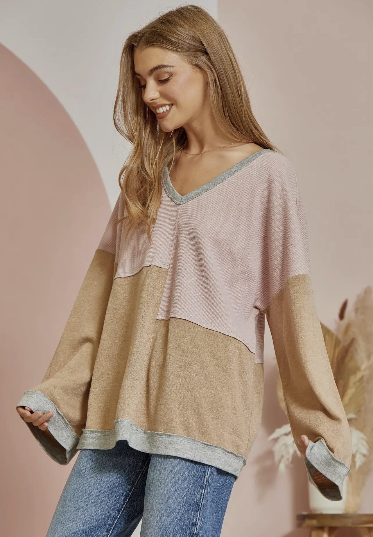Mixed Media Knit V-Neck Top