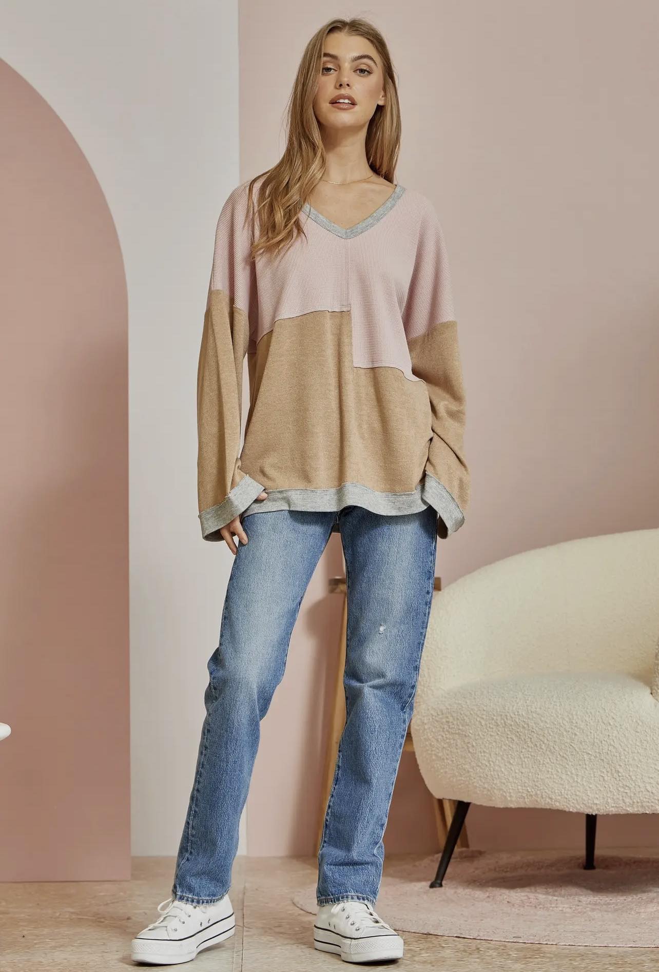 Mixed Media Knit V-Neck Top