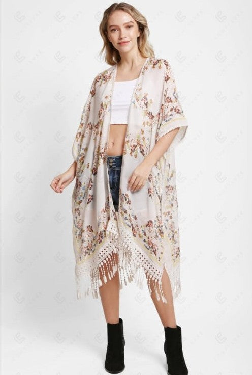 Beige Floral Crochet Center Back Kimono